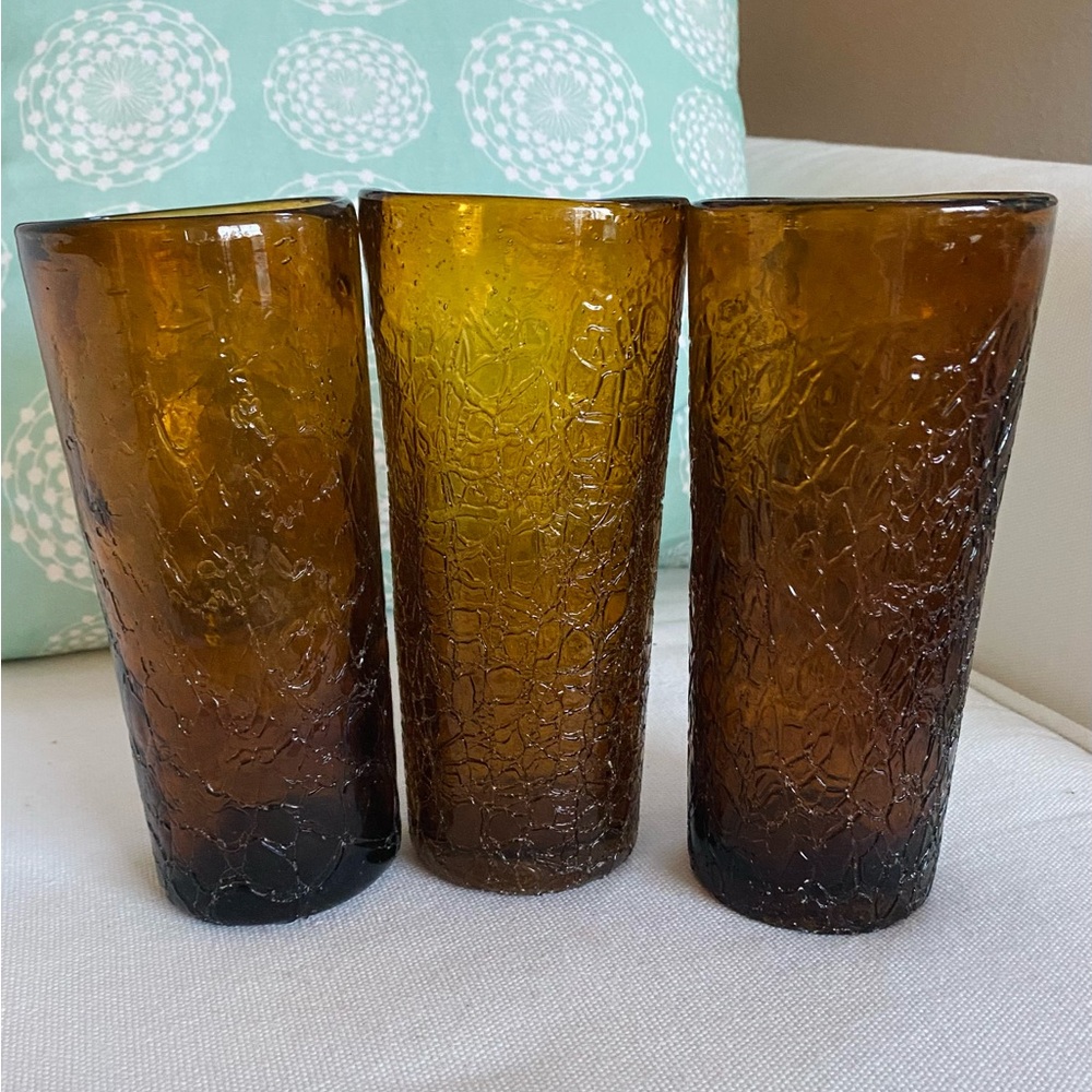 3 Crackle Glass Hand Blown Honey Amber Tall Tumbler Glasses Blenko ? Heavy